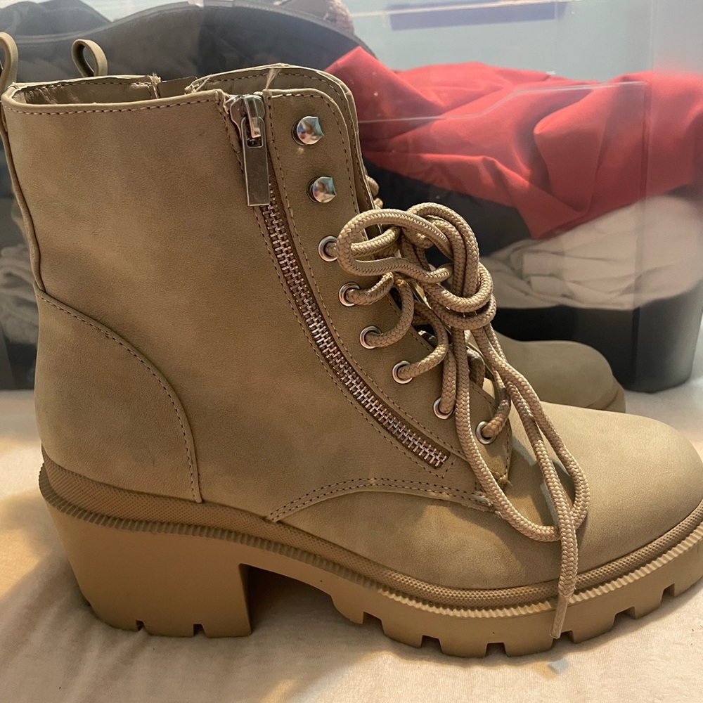 Fall booties, light tan, new without tags but stickers on bottom of shoes.